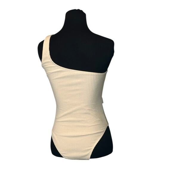 Beige ribbed one shoulder front belted one piece swimsuit size Small - Picture 2 of 14